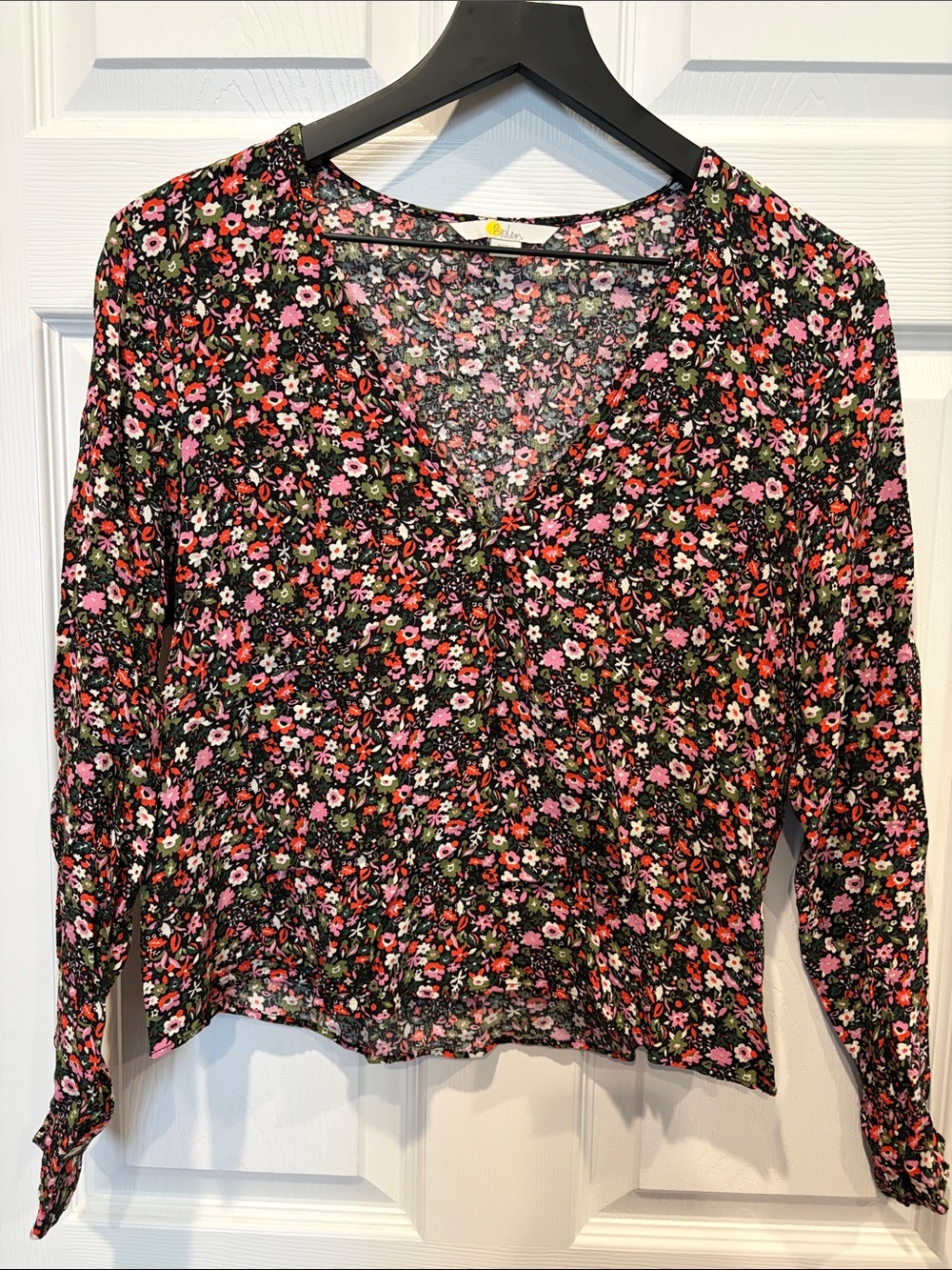 Boden Black Floral V-Neck Blouse with Pink & Red Flowers